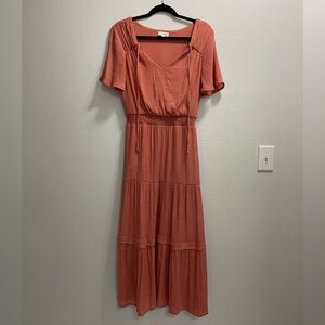 Luxology dress, long, salmon V-neck short sleeve, elastic waist, lined, women S